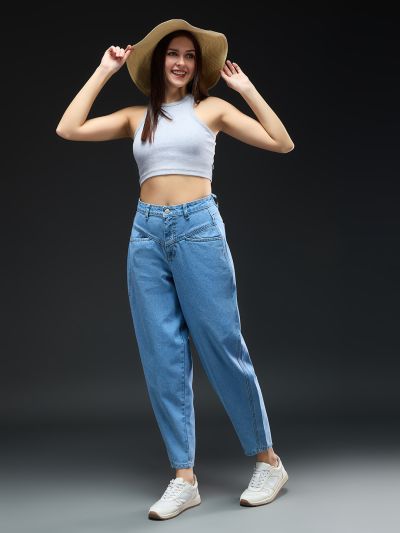 Globus Women Light Blue Solid Light Fade Light Shade Mid-Rise Barrel Fit Jeans