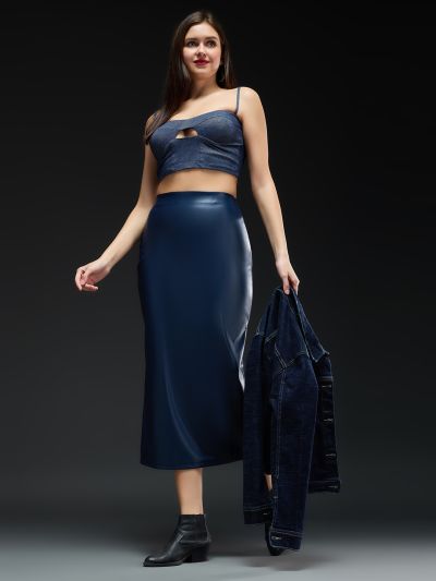 Globus Women Dark Blue Solid Synthetic Leather High-rise Back Slit Midi Pencil Party Skirt