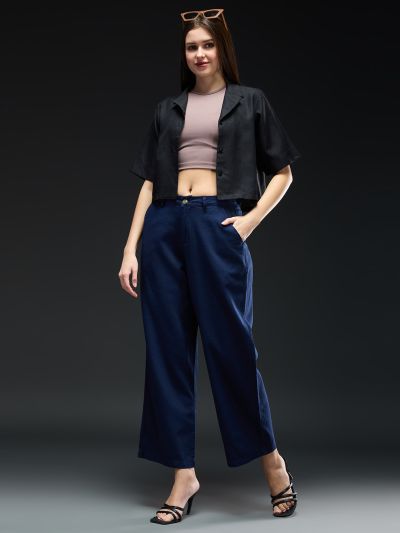 Globus Women Navy Blue Cotton Mid-Rise Straight Fit Pocket Detail Workwear Trousers