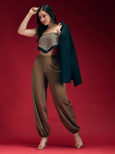 Globus Women Brown Satin Mid Rise Loose Fit Toggle Hem Party Wear Trouser