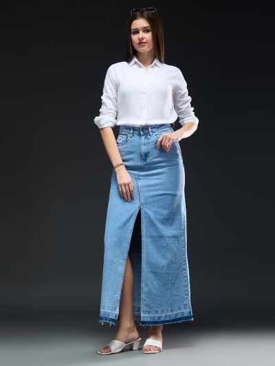Globus Women Light Blue Solid Mid-Rise High Front Slit Frayed Hem Maxi Party Straight Denim Skirt