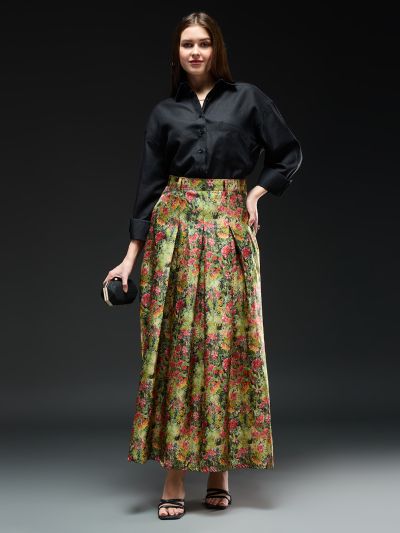 Globus Women Multi Floral Print High-Rise Pleated Flared Maxi Party Skirt
