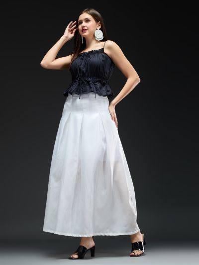 Globus Women White Solid High-rise Stretchable Pleated Flared Maxi Party Skirt