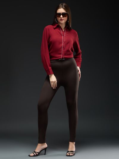 Globus Women Chocolate Solid Metal Buckle Detail Mid-Rise Stretchable Skinny Fit Workwear Treggings