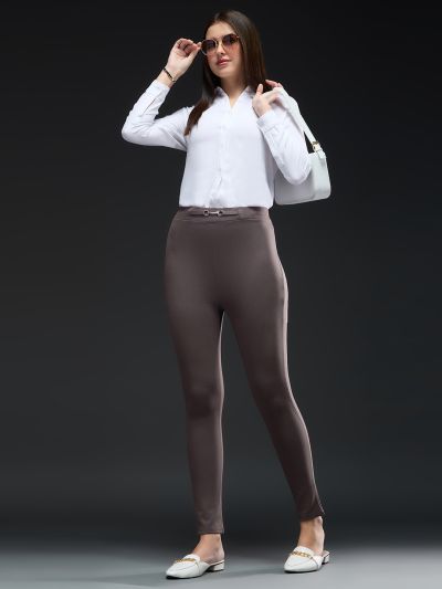Globus Women Mouse Solid Metal Buckle Detail Mid-Rise Stretchable Skinny Fit Workwear Treggings