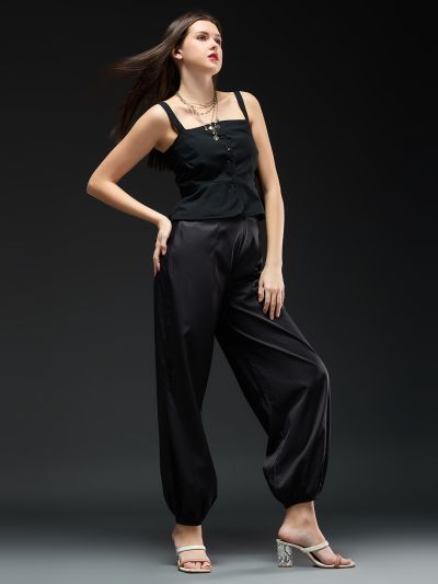 Globus Women Black Satin Mid-Rise Loose Fit Solid Party Wear Trousers