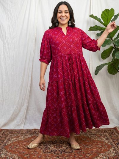 Globus Gloplus Women Maroon Mandarin Collar Bishop Sleeve Bandhani Print Fit and Flare Maxi Plus Size Dress