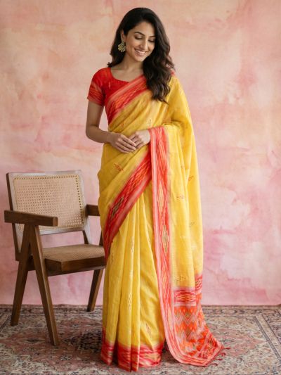 Globus Women Yellow Cotton Silk Ikat Ethnic Woven Design Hand Knotted Tassel Border Saree With Unstitched Blouse Piece