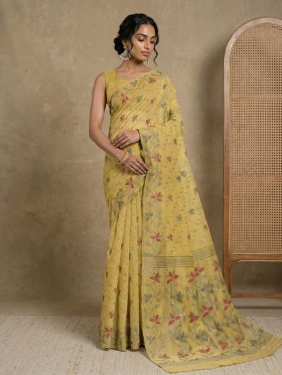Globus Women Yellow Cotton Silk Floral Woven Design Striped Border Saree With Unstitched Blouse Piece