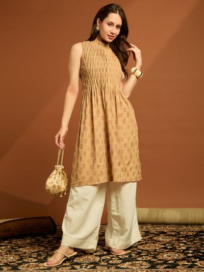 Globus Women Beige Frilled High Neck Sleeveless Floral Printed Pleated Cotton Slub A-line Tunic
