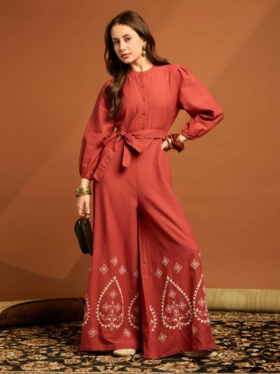 Globus Women Brown Band Neck Bishop Sleeves Embroidered Waist Tie-up Cotton Boho Jumpsuit