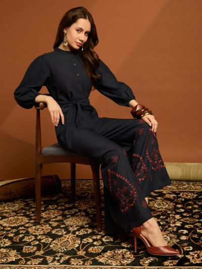 Globus Women Navy Blue Band Neck Bishop Sleeves Embroidered Waist Tie-up Cotton Boho Jumpsuit