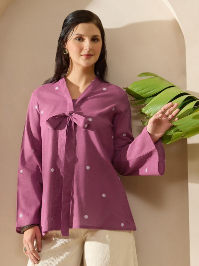 Globus Women Pink V-Neck Bell Sleeves Tie-Up Detail Abstract Print A-Line Tunic