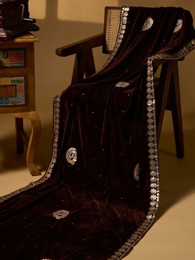 Globus Women Brown Paisley Embroidered Gotta Patti Detail Embellished Velvet Festive Dupatta