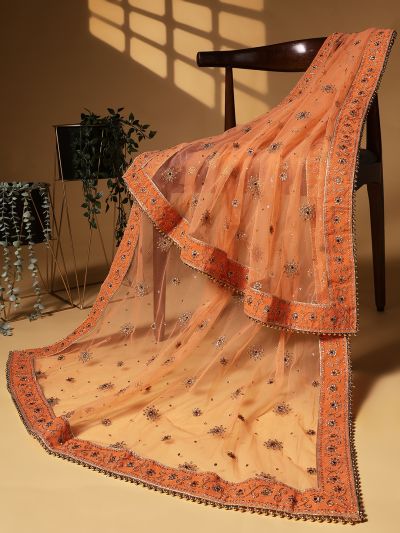 Globus Women Peach Embellished & Embroidered Beads Tapping Border Net Festive Dupatta
