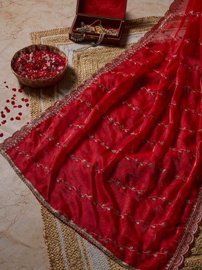 Globus Women Red Sequinned & Floral Zari Embroidered Scalloped Border Satin Festive Dupatta