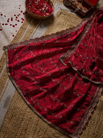 Globus Women Wine Sequinned & Floral Zari Embroidered Scalloped Border Satin Festive Dupatta
