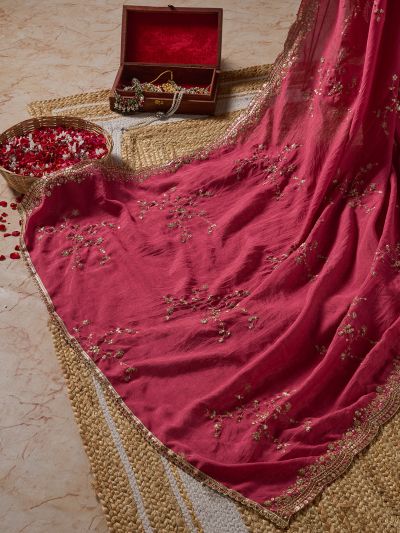 Globus Women Pink Sequinned & Floral Zari Embroidered Scalloped Border Silk Festive Dupatta