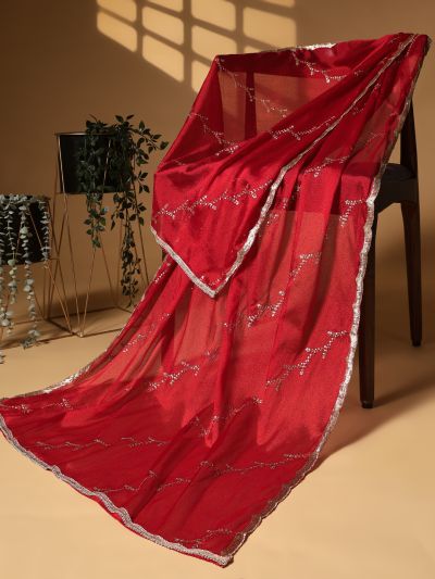 Globus Women Maroon Sequinned & Zari Embroidered Scalloped Border Festive Dupatta
