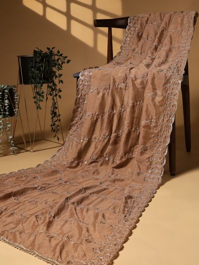 Globus Women Gold Sequinned & Paisely Silk Thread Embroidered Scalloped Border Silk Festive Dupatta