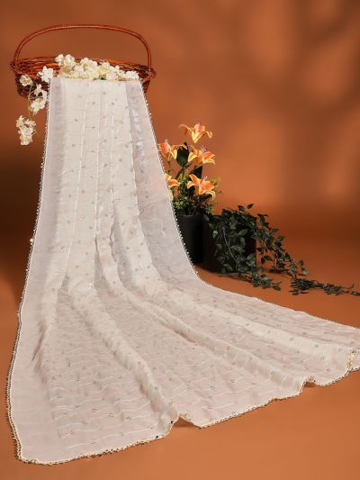Globus Women Off White Ethnic Sequinned & Embroidered Tapping Border Satin Festive Dupatta