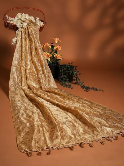 Globus Women Gold Floral Woven Design Tasselled Border Brocade Festive Dupatta