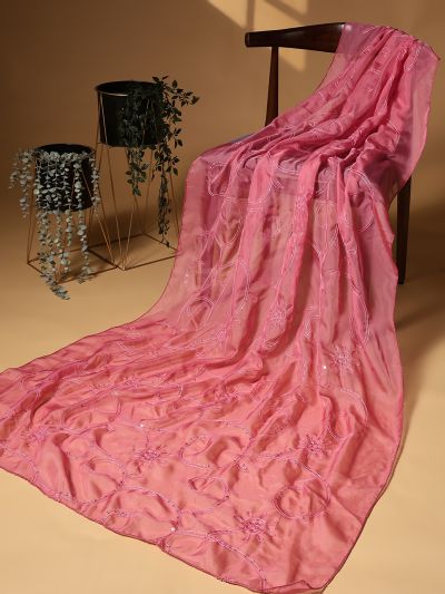 Globus Women Pink Sequinned & Embroidered Organza Festive Dupatta