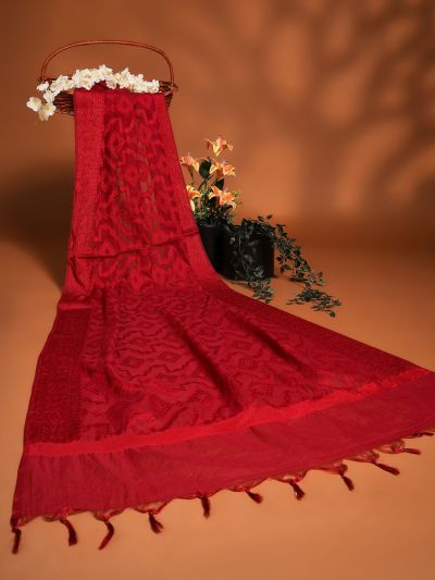 Globus Women Maroon Geometric Woven Design Tasselled Border Brocade Festive Dupatta