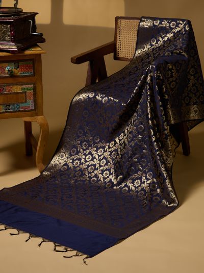 Globus Women Navy Blue Floral Woven Design Brocade Tasselled Border Festive Banarasi Dupatta