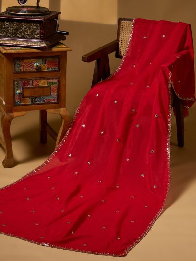 Globus Women Red Sequin Embroidered Mirror Work Scalloped Border Silk Festive Dupatta
