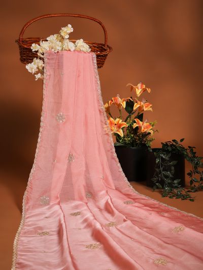 Globus Women Peach Sequinned & Embroidered Scalloped Border Organza Festive Dupatta
