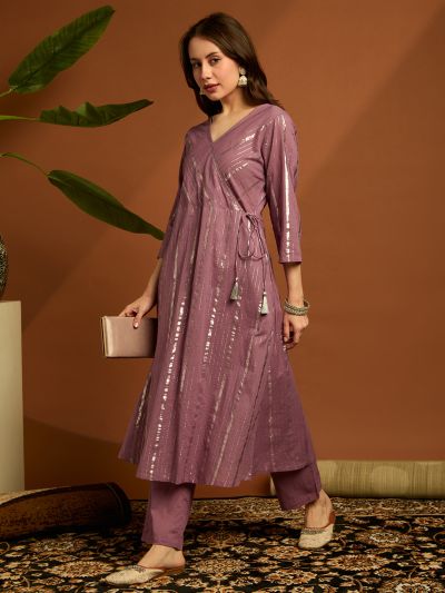 Globus Women Lavender Woven Design V-neck Drawstring Tassel Detail A-line Kurta & Pants Festive Set