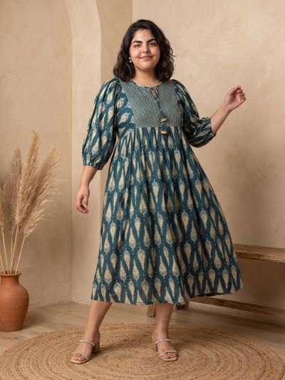 Globus Gloplus Women Teal Ethnic Print Round Tie-Up Neck Bishop Sleeves A-Line Plus Size Midi Dress