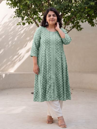 Globus Gloplus Women Green Round Neck Ethnic Foil Print Front Slit Flared Hem Panelled Plus Size A-line Kurta