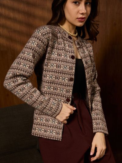 Globus Women Beige Mandarin Collar Long Sleeves Shimmer Geometric Self Design Woollen Winterwear Overcoat