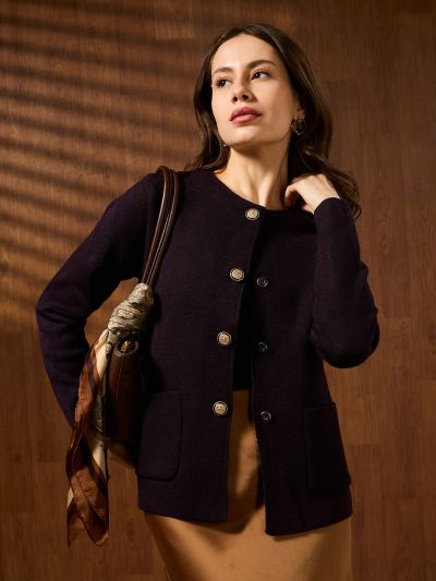 Globus Women Brown Round Neck Long Sleeves Self Design Front Pockets Woollen Winterwear Overcoat
