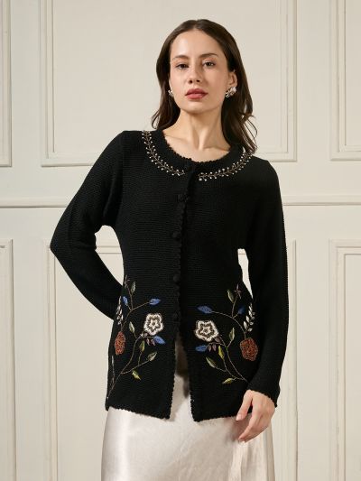 Globus Women Black Round Neck Long Sleeves Beaded & Floral Embroidered Self Design Acrylic Hip Length Winterwear Overcoat