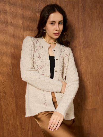 Globus Women Off White Mandarin Collar Long Sleeves Beaded & Embroidered Self Design Acrylic Hip Length Winterwear Overcoat
