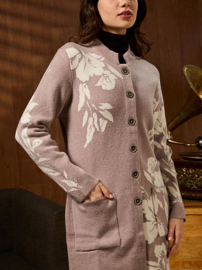 Globus Women Beige Mandarin Collar Long Sleeves Floral Self Design Front Pockets Acrylic Longline Winterwear Overcoat
