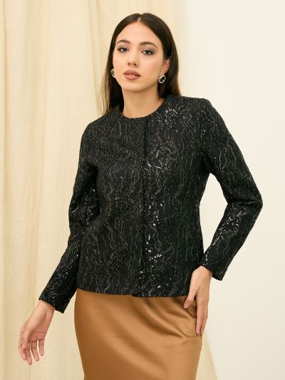 Globus Women Black Round Neck Long Sleeves Sequin Embellished Woollen Winterwear Overcoat