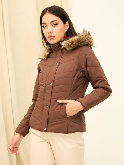 Globus Women Brown Solid Long Sleeves Hooded Faux Fur Trim Nylon Puffer Jacket