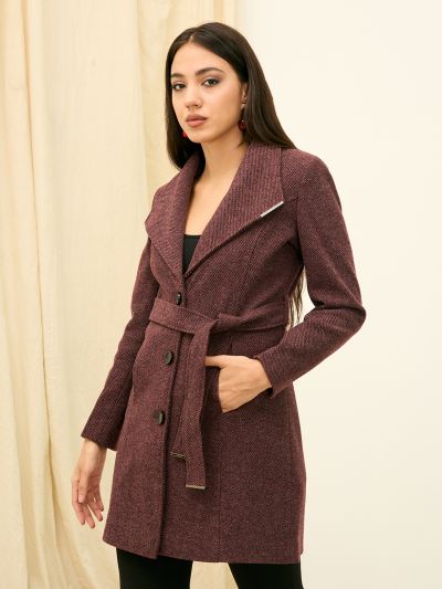 Globus Women Burgundy Shawl Collar Long Sleeves Striped Self Design Knee Length Acrylic Relaxed Fit Winterwear Overcoat With Belt