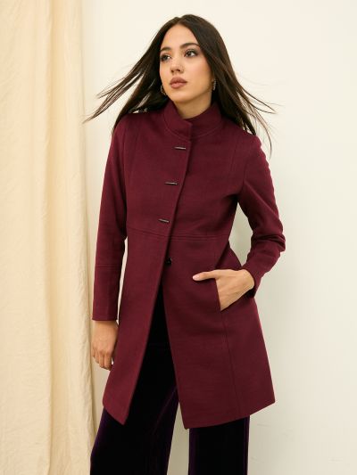 Globus Women Wine Mock Collar Long Sleeves Self Design Knee Length Acrylic Relaxed Fit Winterwear Overcoat
