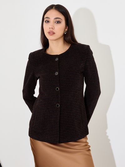 Globus Women Brown Self Design Long Sleeves Hip Length Pea Coat