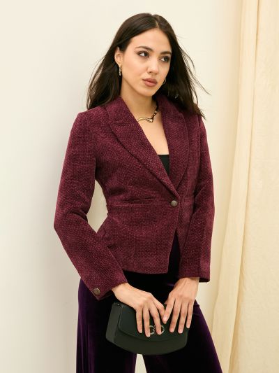 Globus Women Wine Long Sleeves Notched Lapel Hip Length Polyester Overcoat