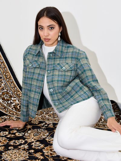 Globus Women Green Checked Long Sleeves Spread Collar Shacket