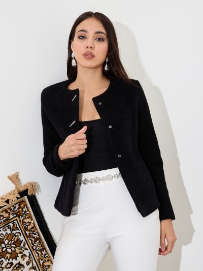 Globus Women Black Solid Round Neck Long Sleeves Acrylic Princess Coat