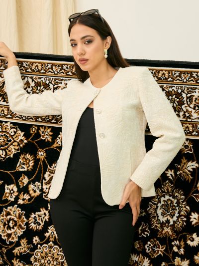 Globus Women Off White Floral Embroidered Long Sleeves Acrylic Pea Coat