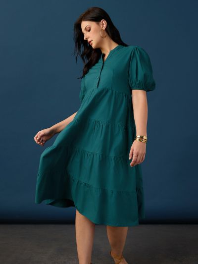 Globus Women Teal Band Collar Puff Sleeves Tiered Flared Hem A-Line Midi Dress