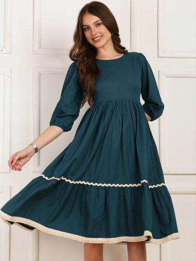 Globus Women Blue Round Neck Puff Sleeves Solid Midi Dress